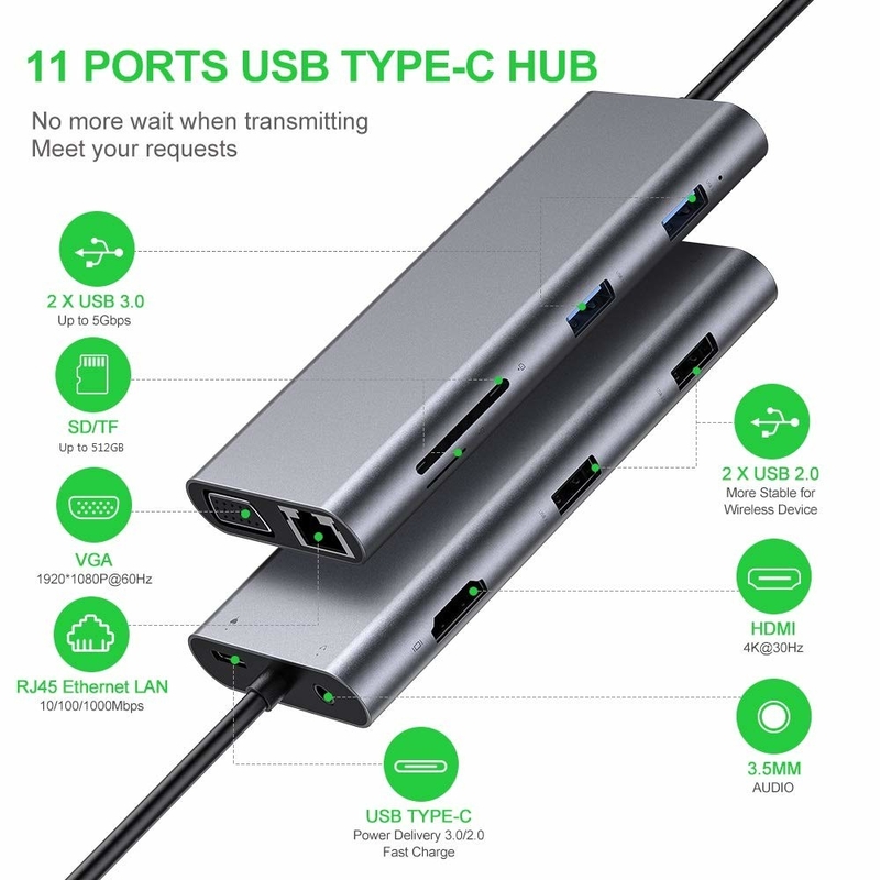 11 порта 11 в 1 USB Type C Hub 10 Гбит / с USB C стыковочная станция Plug And Play Интеграция программного обеспечения