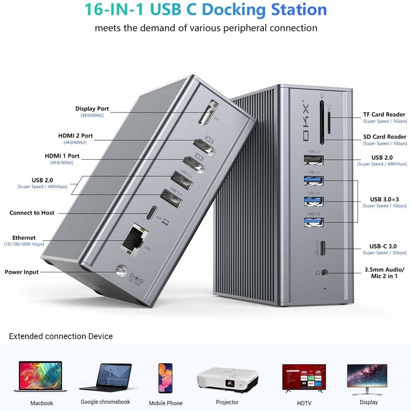 16 в 1 док-станция для ноутбука USB c адаптер серый 10 Гбит / с скорость передачи данных Порт дисплея