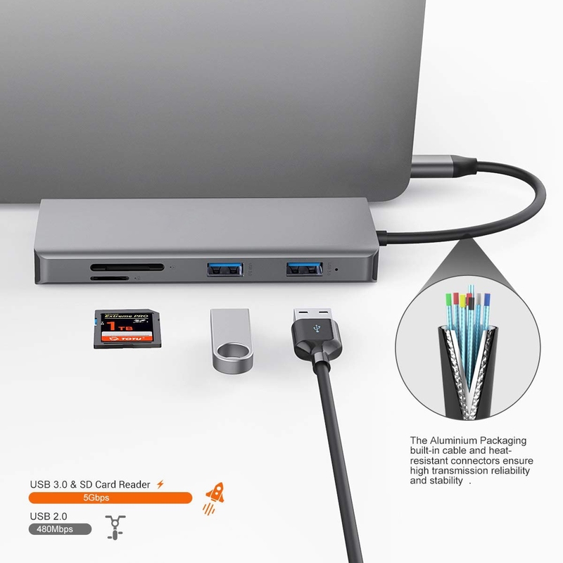 11 в 1 алюминиевый Серебряный USB C Хаб с 3,5 мм аудиоджеком SD Card Reader для ноутбука Mac