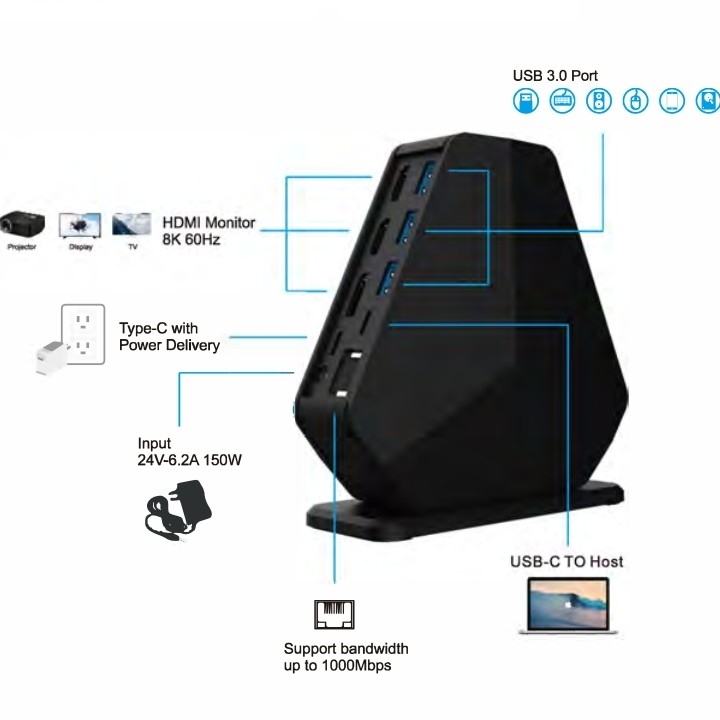 Зарядная станция для рабочего стола USB C Докинг-станция Гигабитная Ethernet Стабильное проводное соединение до 1 Гбит / с