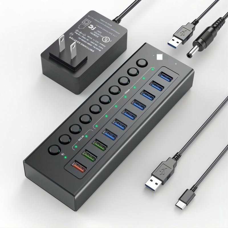 Многопортовый хаб USB C 3.0 Докинг-станция Ноутбук-разделитель Один умный порт зарядки Индивидуальные переключатели включения/выключения