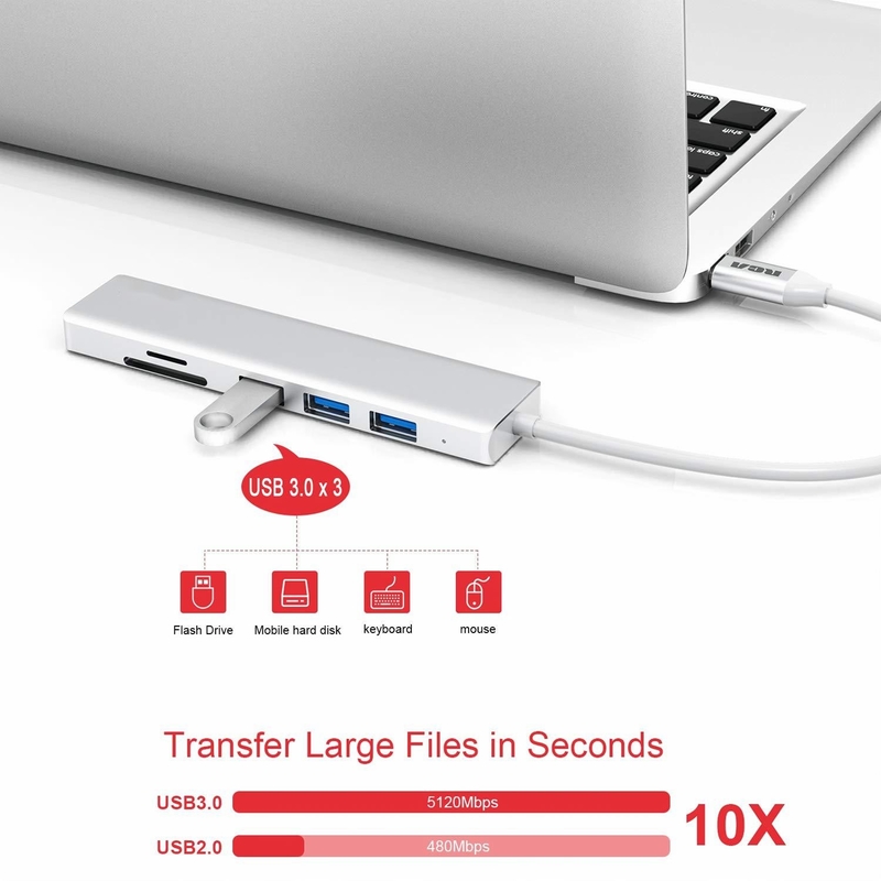 6 портов USB-C Хаб Сплитер USB-C Расширитель портативный адаптер USB Многопортовый дата-хаб