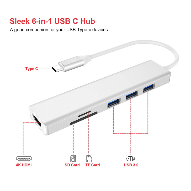 6 портов USB-C Хаб Сплитер USB-C Расширитель портативный адаптер USB Многопортовый дата-хаб