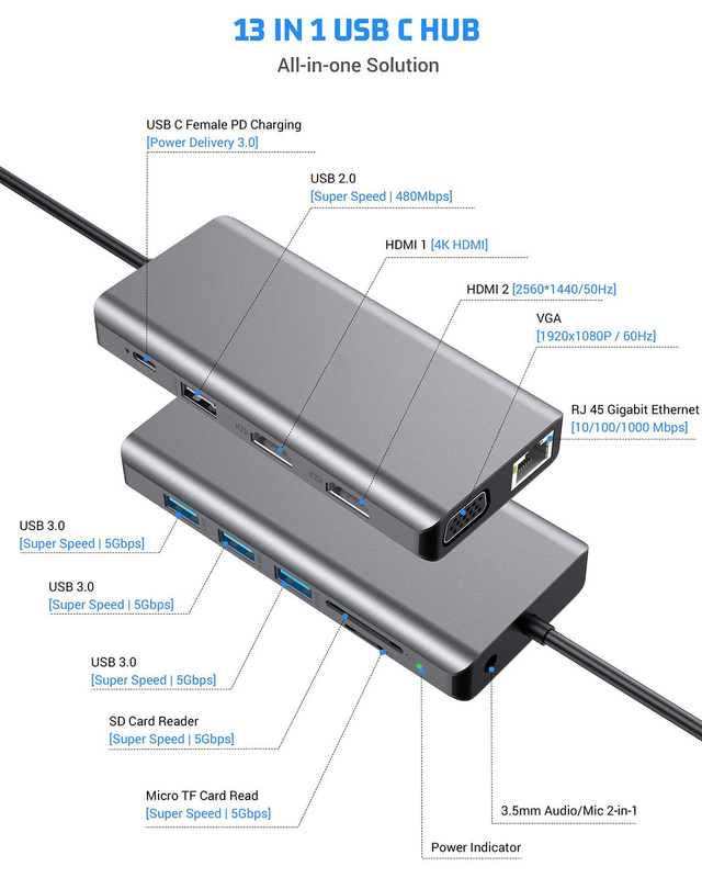 USB C 11 в 1 многопортовый док типа C тройной USB 3.0 TF карты типа C USB-C ноутбук