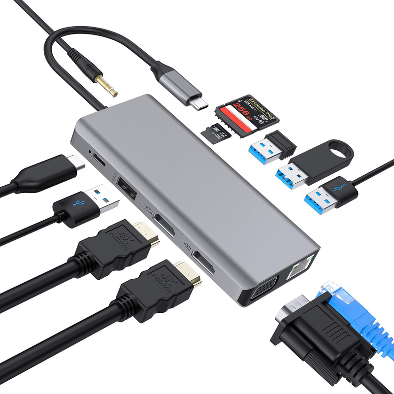 USB C 11 в 1 многопортовый док типа C тройной USB 3.0 TF карты типа C USB-C ноутбук