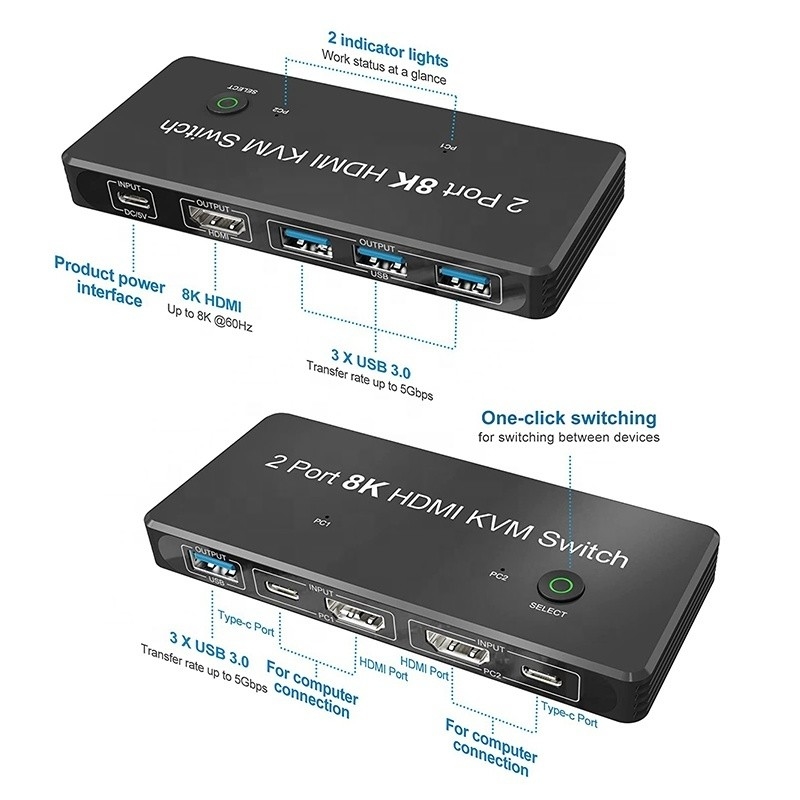 2 порта HDMI 2.1 КВМ переключатель с USB 3.0 2 Вход 1 Выход LED-индикаторы Женщина-женщина