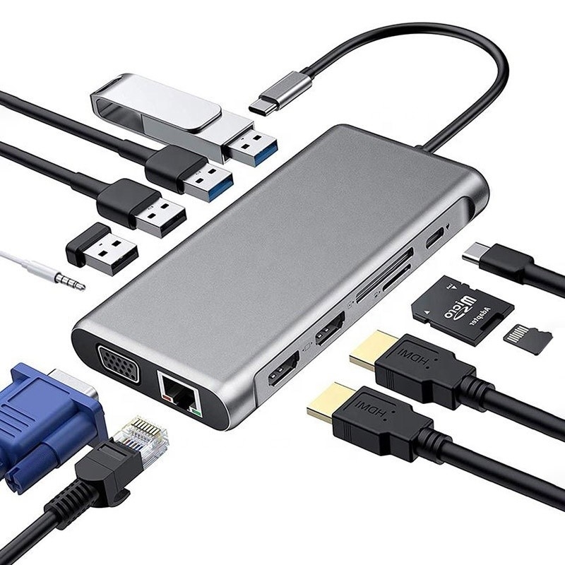 12-в-1 USB Docking Station HDMI 1080P 60Hz 2*HDMI VGA RJ45 4*USB Аудио SD/TF PD
