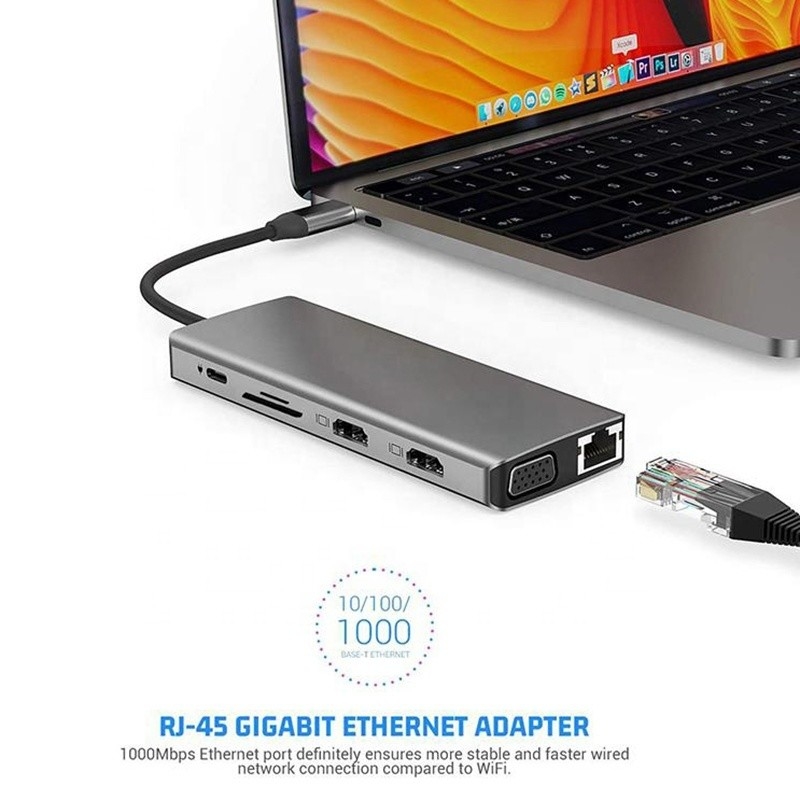 12-в-1 USB Docking Station HDMI 1080P 60Hz 2*HDMI VGA RJ45 4*USB Аудио SD/TF PD