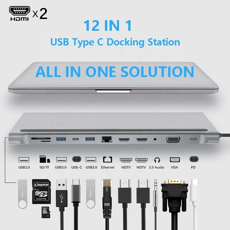 Улучшенное соединение 12 в 1 USB Type-C Hub Multiport Dock Station с двойным HDMI