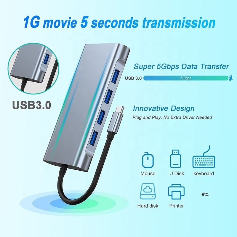 Многофункциональный USB C Hub Dock с гигабитным RJ45 Ethernet TF SD Card Reader HDMI VGA USB 3.0