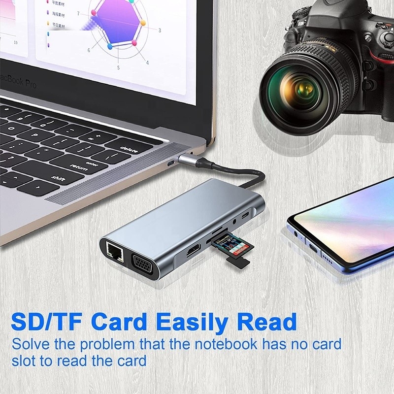 Многофункциональный USB C Hub Dock с гигабитным RJ45 Ethernet TF SD Card Reader HDMI VGA USB 3.0