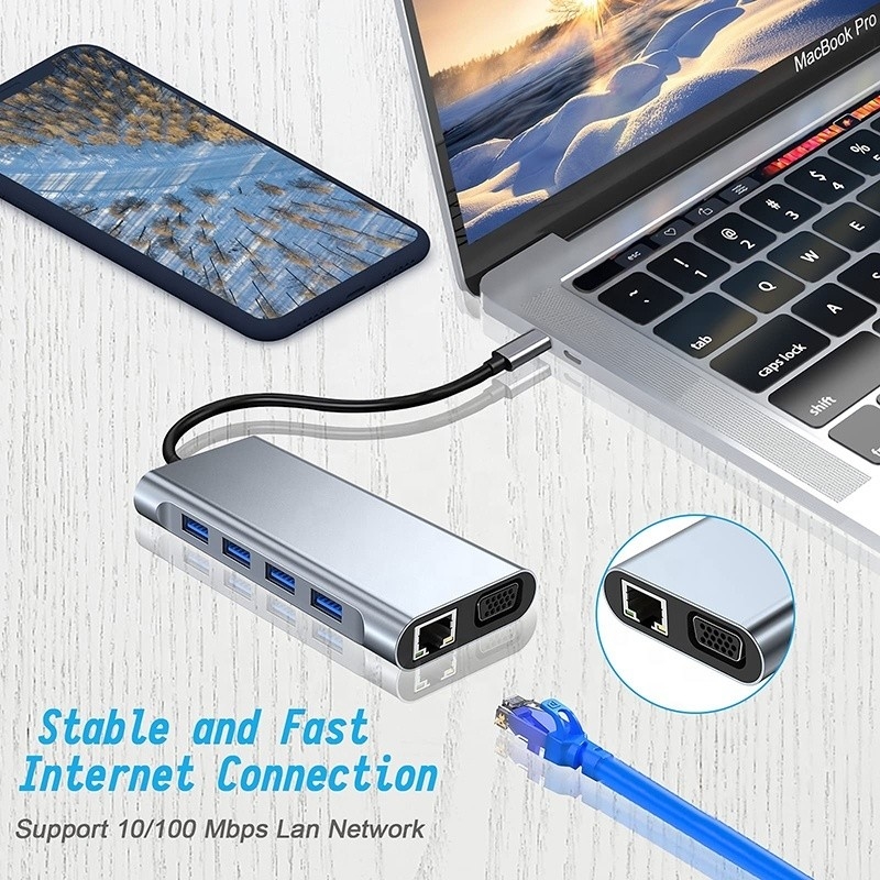 Многофункциональный USB C Hub Dock с гигабитным RJ45 Ethernet TF SD Card Reader HDMI VGA USB 3.0