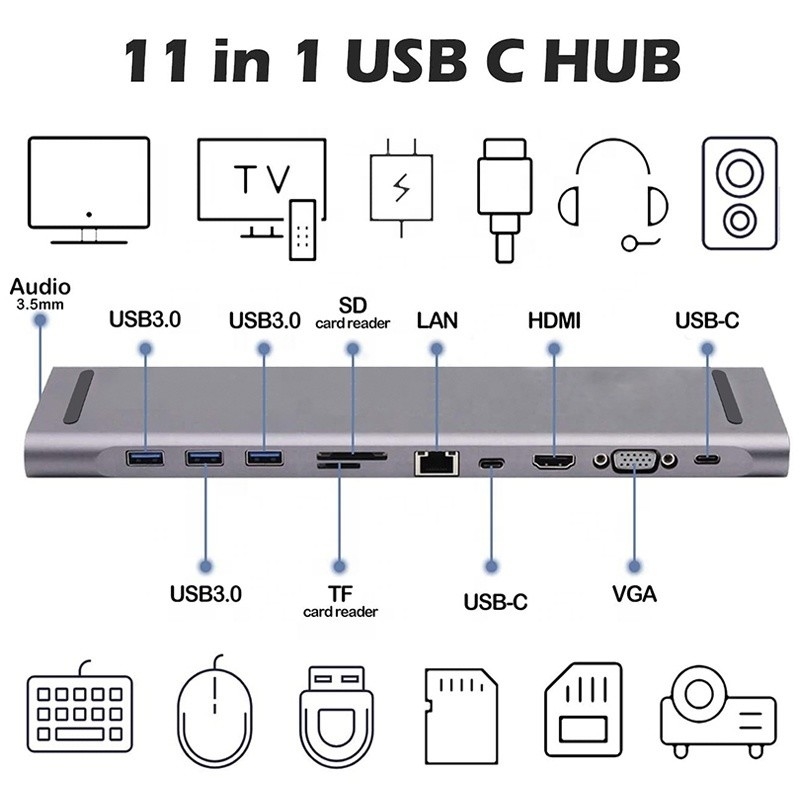11 в 1 USB С-станция с VGA Ethernet 3,5 мм аудио TF / SD Card Reader