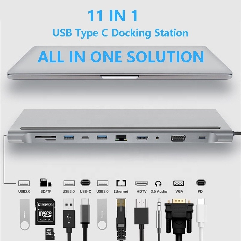 11 в 1 многопортовый USB C USB-C Type-C PD 4K HDTV Hub Adapter Docking Station с RJ45