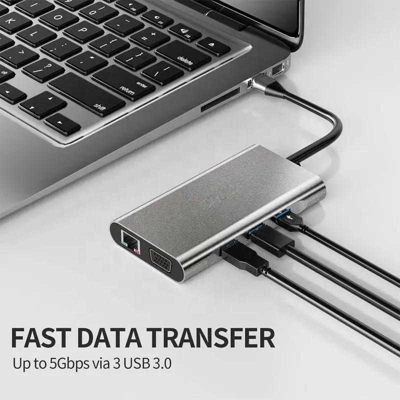 USB C Hub Type-C к USB 3.0 HDMI VGA RJ45 Lan SD TF Audio USB серый мультипортный адаптер