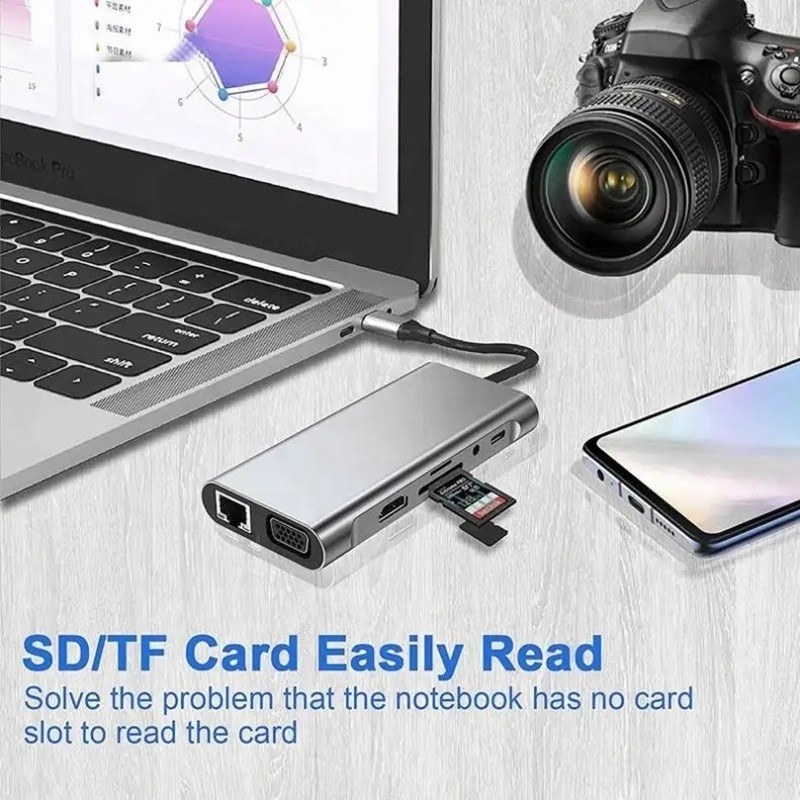 USB C Hub Type-C к USB 3.0 HDMI VGA RJ45 Lan SD TF Audio USB серый мультипортный адаптер