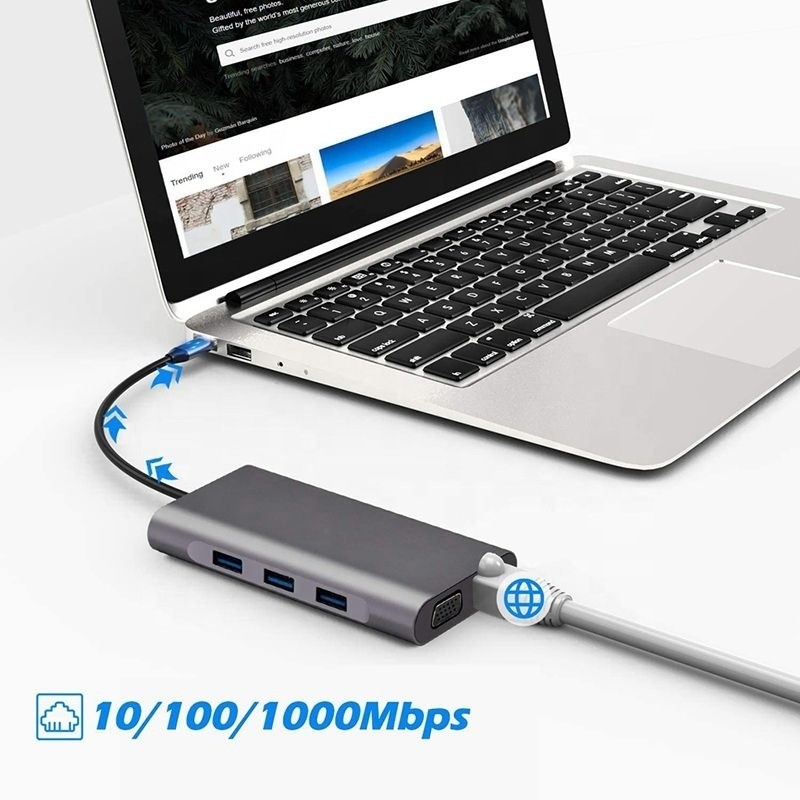 USB C Hub Type-C к USB 3.0 HDMI VGA RJ45 Lan SD TF Audio USB серый мультипортный адаптер
