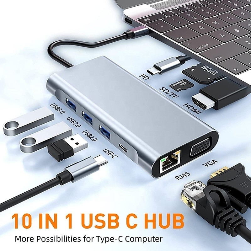 USB C Type C 10 в 1 док-станция с 4K HDTV VGA Lan RJ45 USB3.0 Card Reader PD