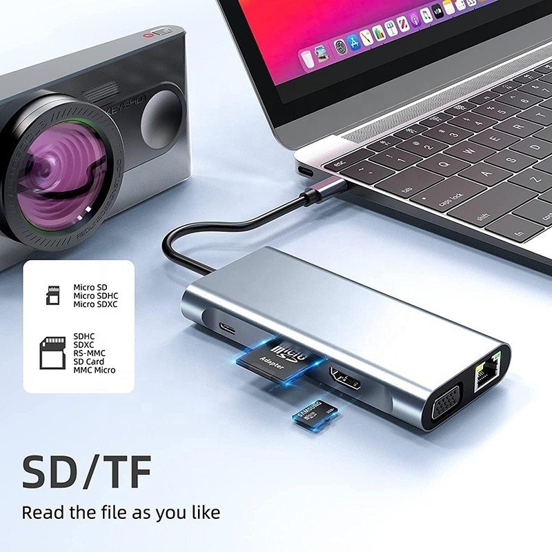USB C Type C 10 в 1 док-станция с 4K HDTV VGA Lan RJ45 USB3.0 Card Reader PD