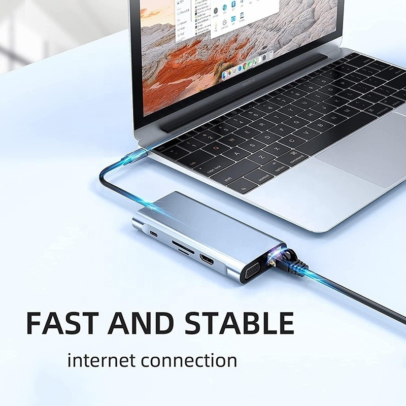 USB C Type C 10 в 1 док-станция с 4K HDTV VGA Lan RJ45 USB3.0 Card Reader PD