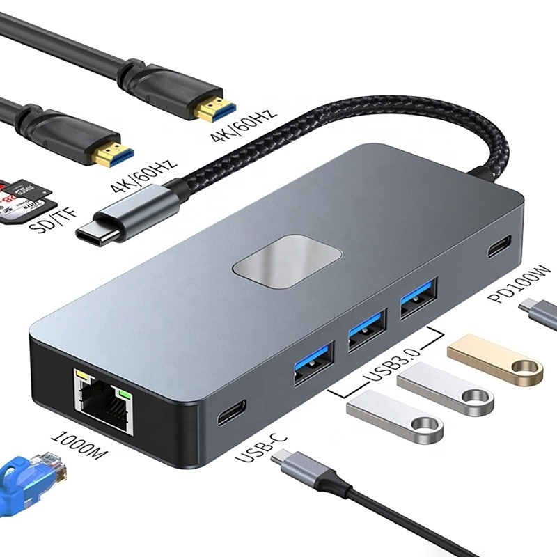 10 в 1 USB C Хаб для двойного HDMI 4K 60Hz Адаптерный док с USB 3.0 Ethernet RJ45 1000Mbps