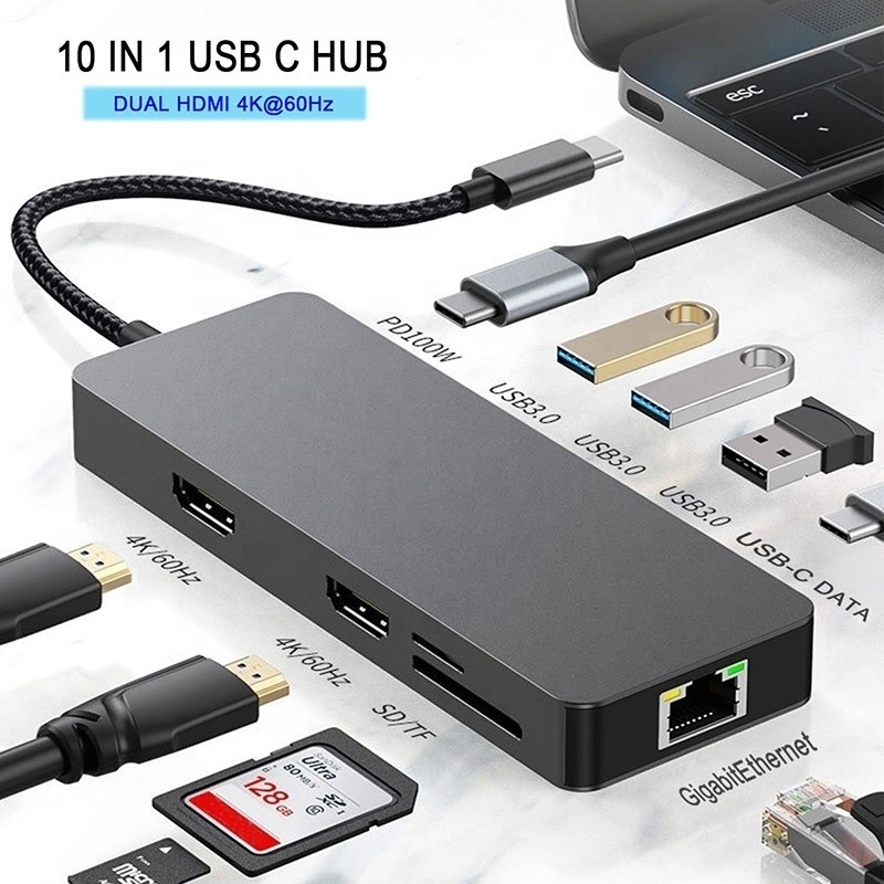 10 в 1 USB C Хаб для двойного HDMI 4K 60Hz Адаптерный док с USB 3.0 Ethernet RJ45 1000Mbps