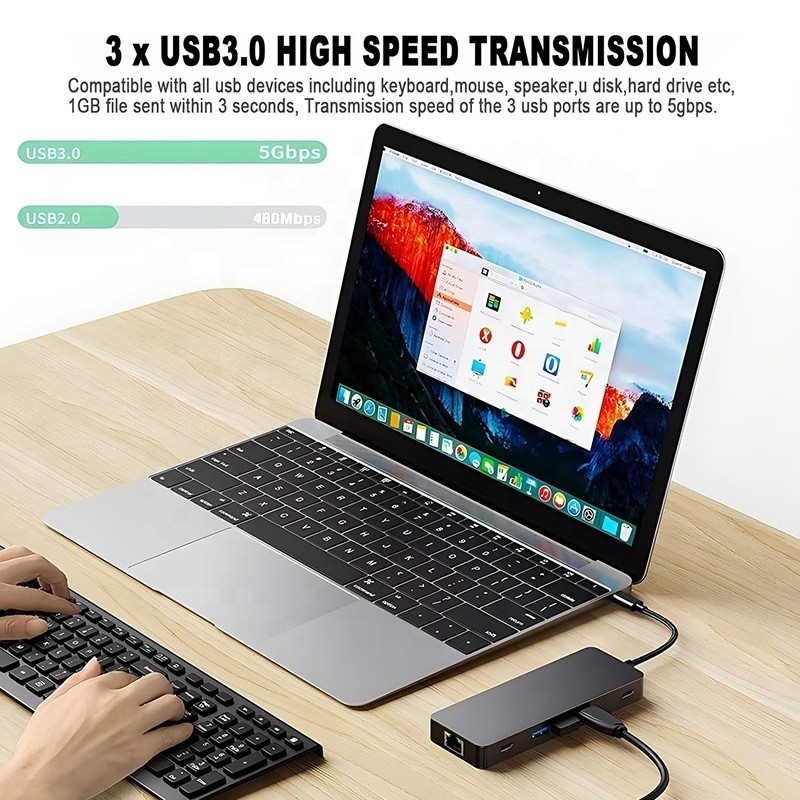 10 в 1 USB C Хаб для двойного HDMI 4K 60Hz Адаптерный док с USB 3.0 Ethernet RJ45 1000Mbps