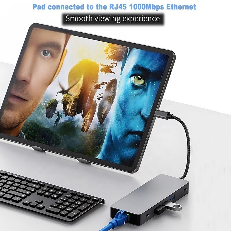 10 в 1 USB C Хаб для двойного HDMI 4K 60Hz Адаптерный док с USB 3.0 Ethernet RJ45 1000Mbps