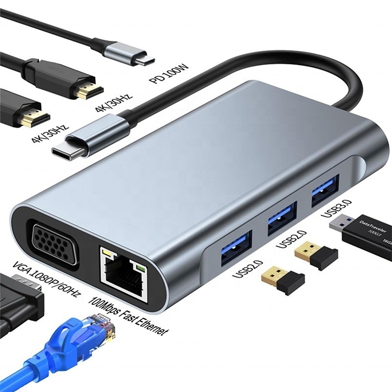 Мультифункциональная 8-в-1 USB-C USB-C док-станция с двойными 4K HDMI и 2 HDMI портами