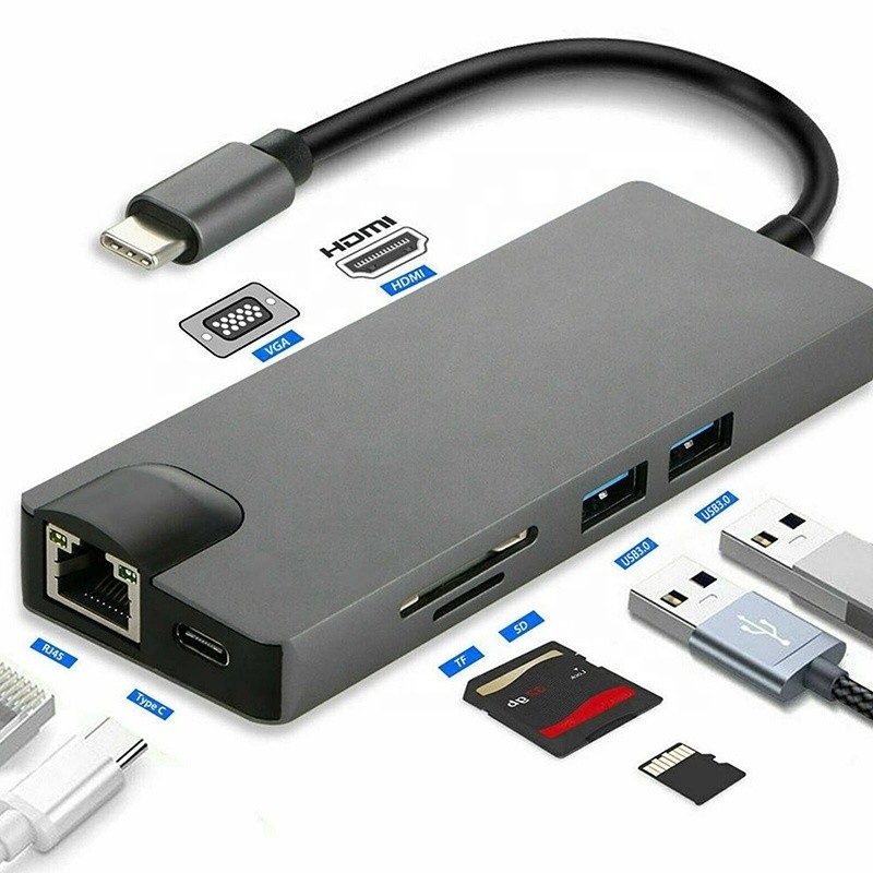 8-в-1 USB C Hub Type-C Type C 3.1 до 4K HDMI HDTV RJ45 Lan Ethernet PD USB3.0 адаптерный хаб
