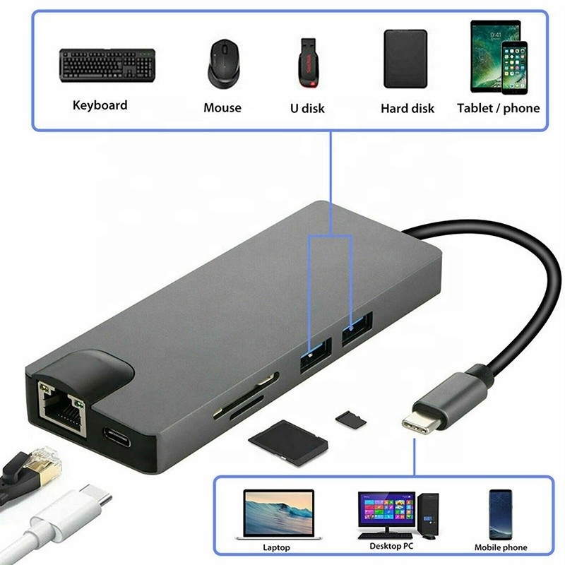 8-в-1 USB C Hub Type-C Type C 3.1 до 4K HDMI HDTV RJ45 Lan Ethernet PD USB3.0 адаптерный хаб