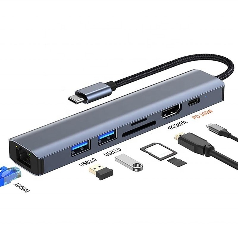 Серый 7 В 1 USB C Type C Hub с 1000M RJ45 Гигабитный Ethernet 4K HDMI PD 100W адаптер