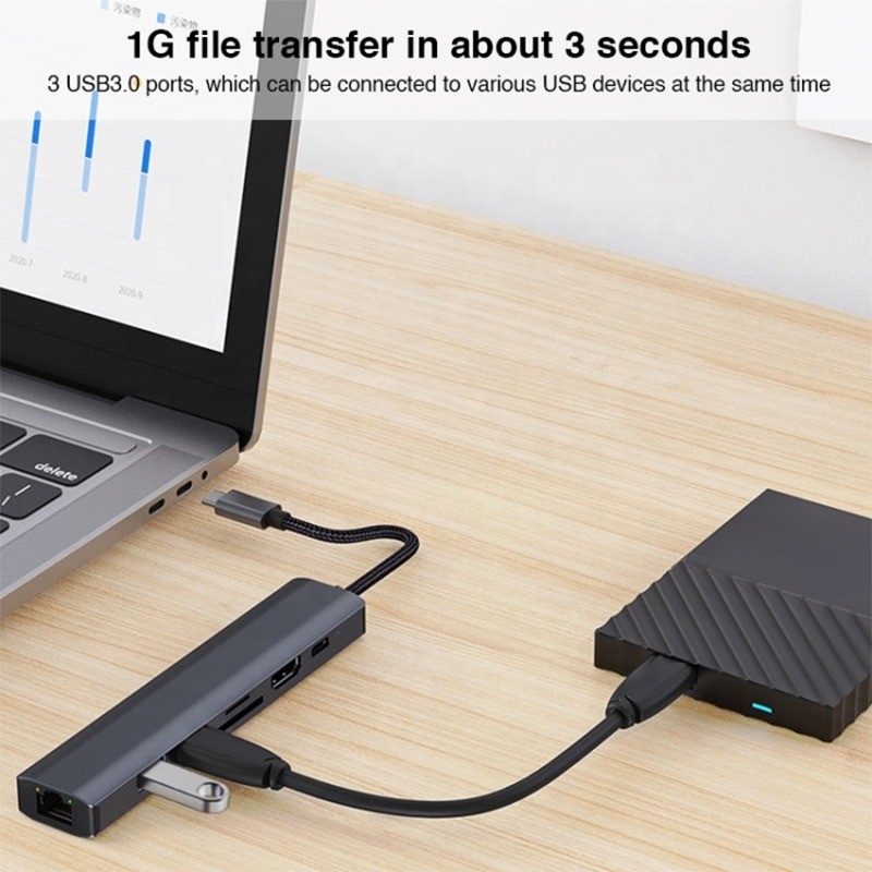 Серый 7 В 1 USB C Type C Hub с 1000M RJ45 Гигабитный Ethernet 4K HDMI PD 100W адаптер