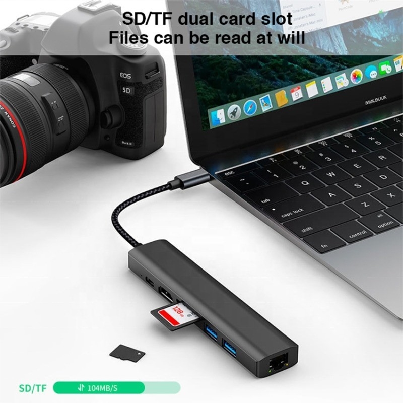 Серый 7 В 1 USB C Type C Hub с 1000M RJ45 Гигабитный Ethernet 4K HDMI PD 100W адаптер