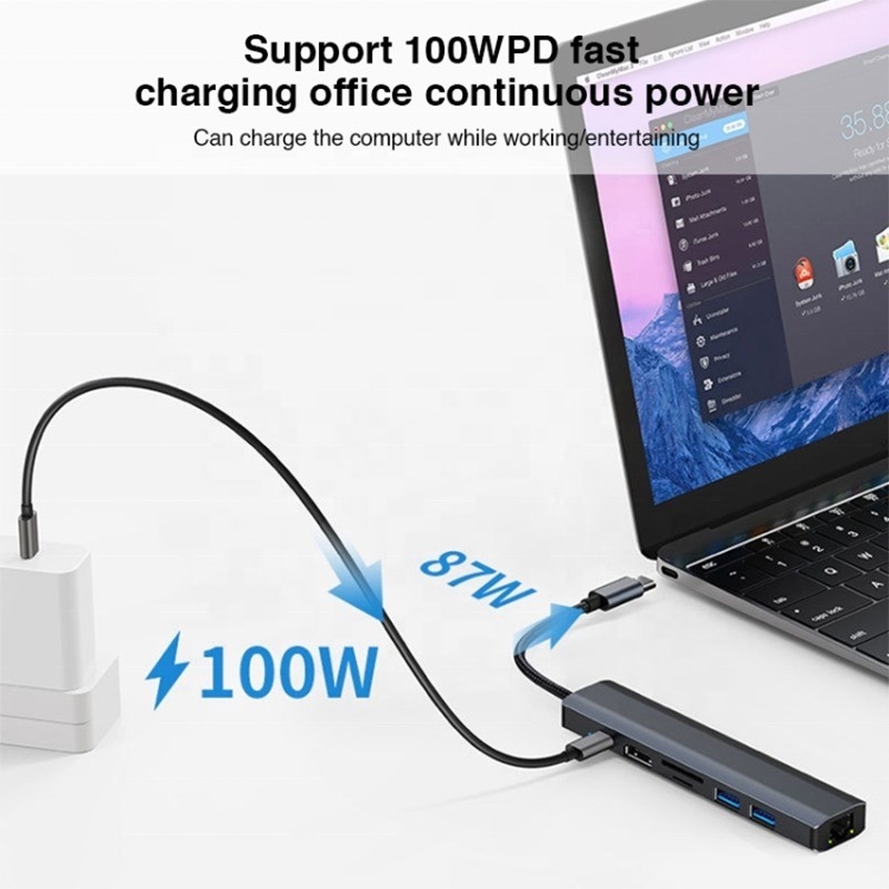 Серый 7 В 1 USB C Type C Hub с 1000M RJ45 Гигабитный Ethernet 4K HDMI PD 100W адаптер