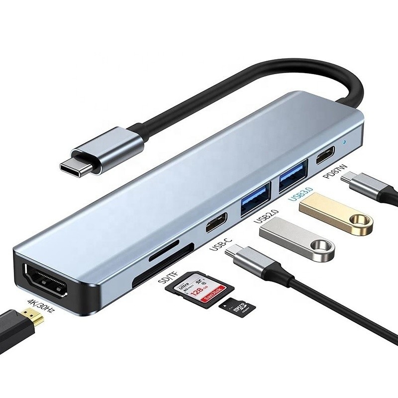 Серый 7 В 1 USB C В HDMI адаптер Хаб-док с 4K HD HDMI PD SD TF SD / TF Card Reader