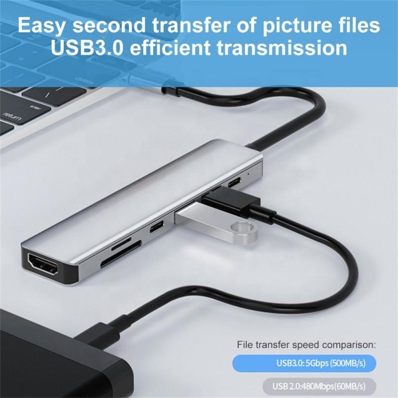 Серый 7 В 1 USB C В HDMI адаптер Хаб-док с 4K HD HDMI PD SD TF SD / TF Card Reader