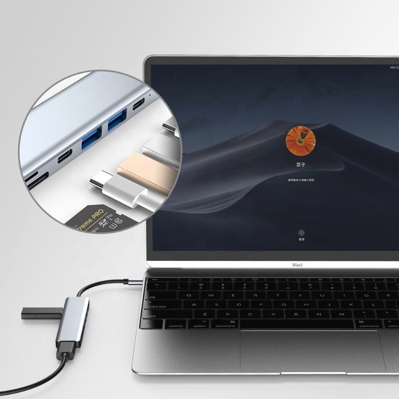 Серый 7 В 1 USB C В HDMI адаптер Хаб-док с 4K HD HDMI PD SD TF SD / TF Card Reader