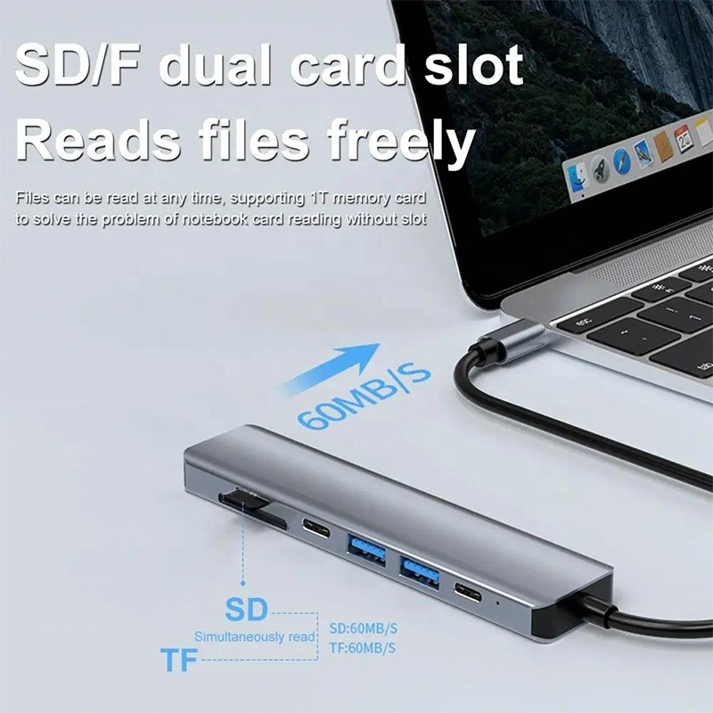 Серый 7 В 1 USB C В HDMI адаптер Хаб-док с 4K HD HDMI PD SD TF SD / TF Card Reader