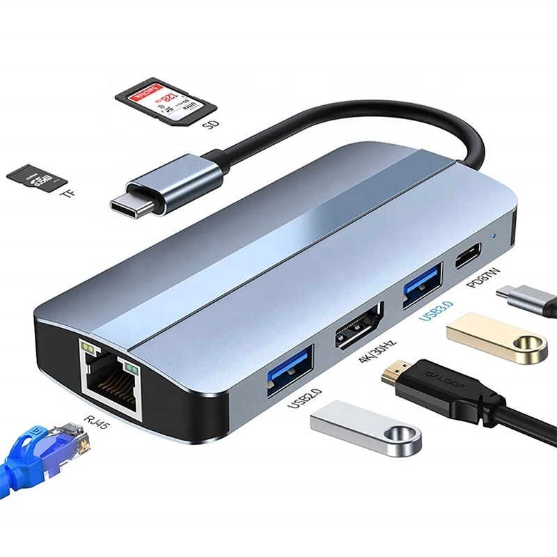 7 в 1 USB C USB-C Hub для Macbook Gray HDMI USB 3.0 USB2.0 RJ45 SD/TF Карточный считыватель PD выход