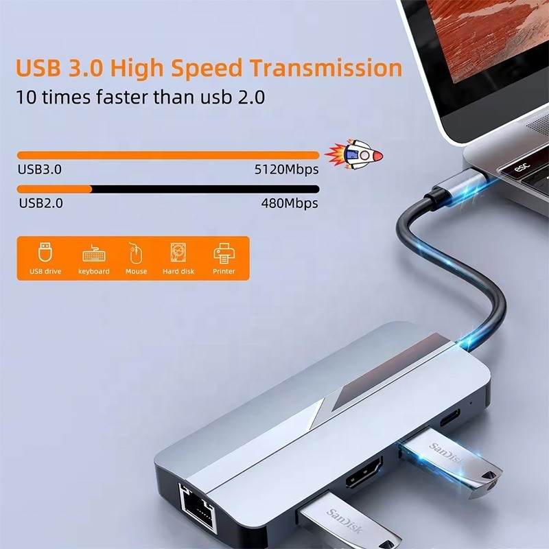 7 в 1 USB C USB-C Hub для Macbook Gray HDMI USB 3.0 USB2.0 RJ45 SD/TF Карточный считыватель PD выход