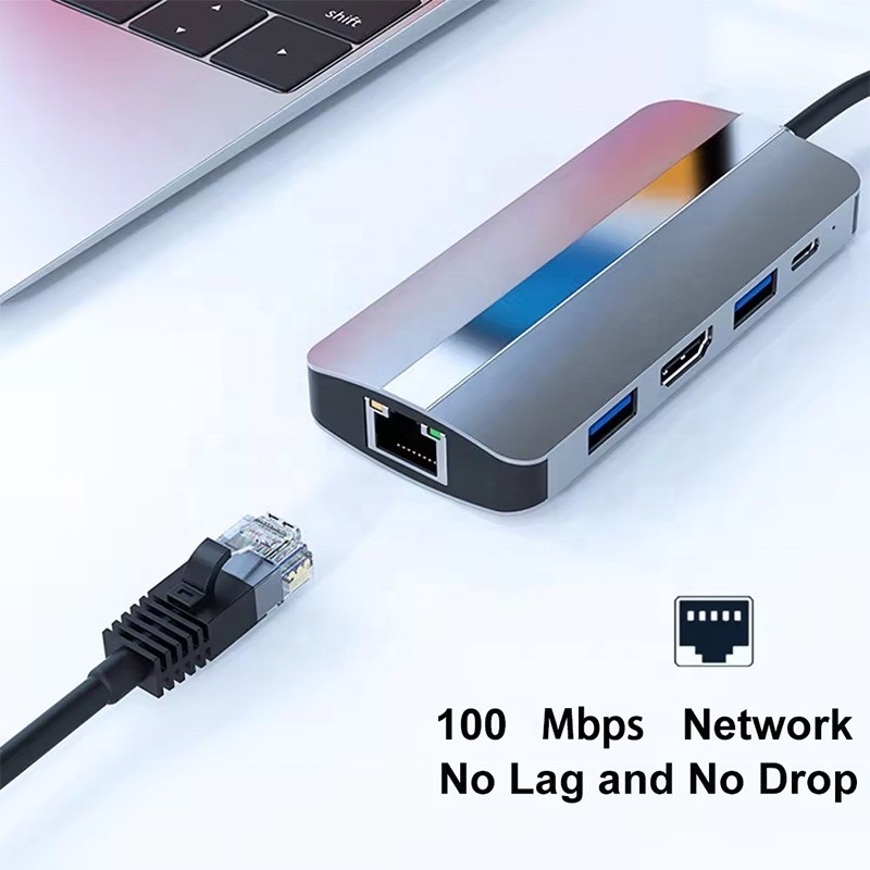 7 в 1 USB C USB-C Hub для Macbook Gray HDMI USB 3.0 USB2.0 RJ45 SD/TF Карточный считыватель PD выход