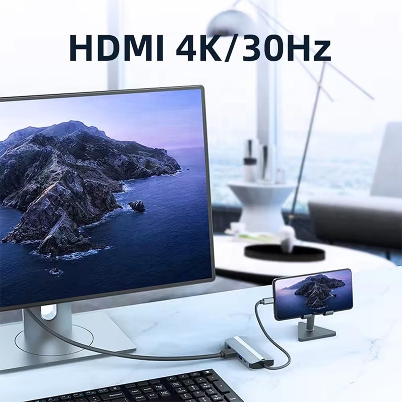 7 в 1 USB C USB-C Hub для Macbook Gray HDMI USB 3.0 USB2.0 RJ45 SD/TF Карточный считыватель PD выход