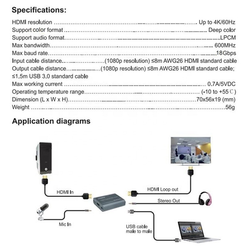 Профессиональная 4K 60Hz HDMI на USB3.0 видеокарта с аудиовыходом и USB 3.0