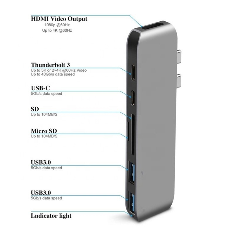 Мультипортная стыковочная станция 6-в-1 тип-С адаптер с выходом SD/TF 2*USB3.0 2*USB-C
