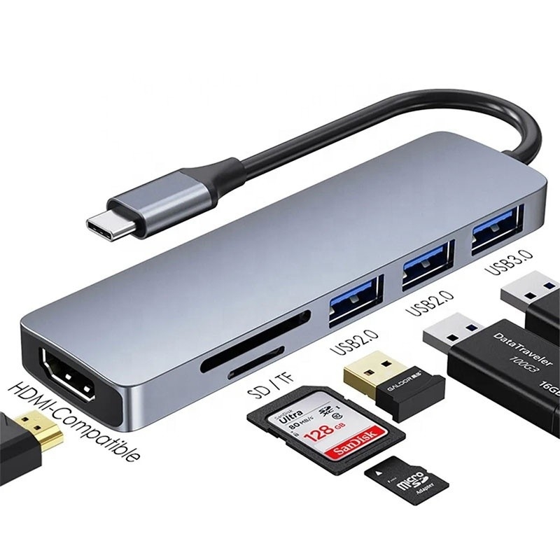 6-в-1 многопортовая лаптопная стыковочная станция с 4K HD HDMI HDTV USB 3.0 SD TF Card Reader
