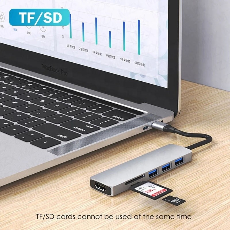 6-в-1 многопортовая лаптопная стыковочная станция с 4K HD HDMI HDTV USB 3.0 SD TF Card Reader