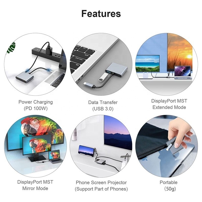 4-в-1 USB C на двойной 4K HDMI MST адаптер для зарядки передачи данных и вывода видео