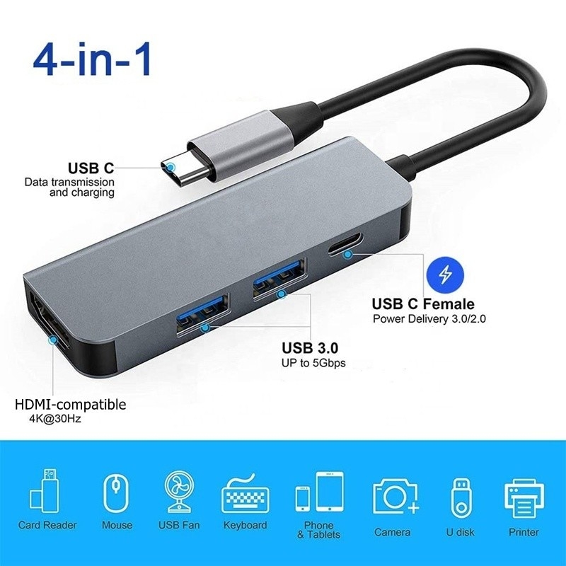 4K HDMI совместимый тип-C к USB-Хаб-Адаптер с двумя USB3.0 и PD портами зарядки