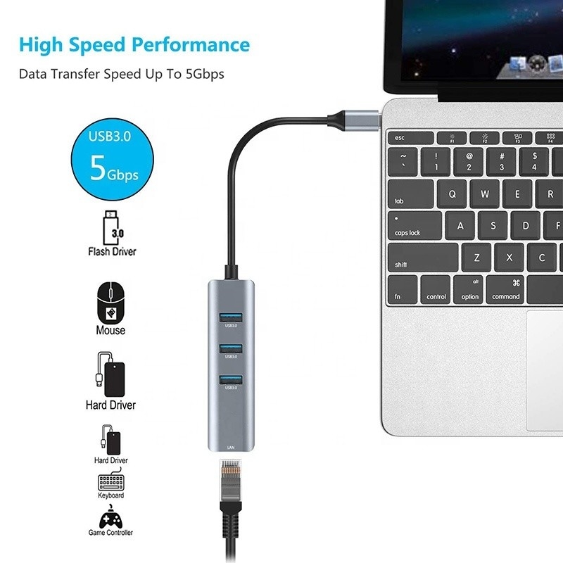 USB 3.1 Интерфейс типа C до 9 портов USB A 3.0 адаптер с RJ45 гигабитной Ethernet сетевой картой Серый